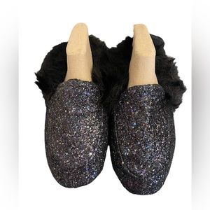 Victoria’s Secret Glitter House Glam Slipper Bling Black Fur Small and Medium